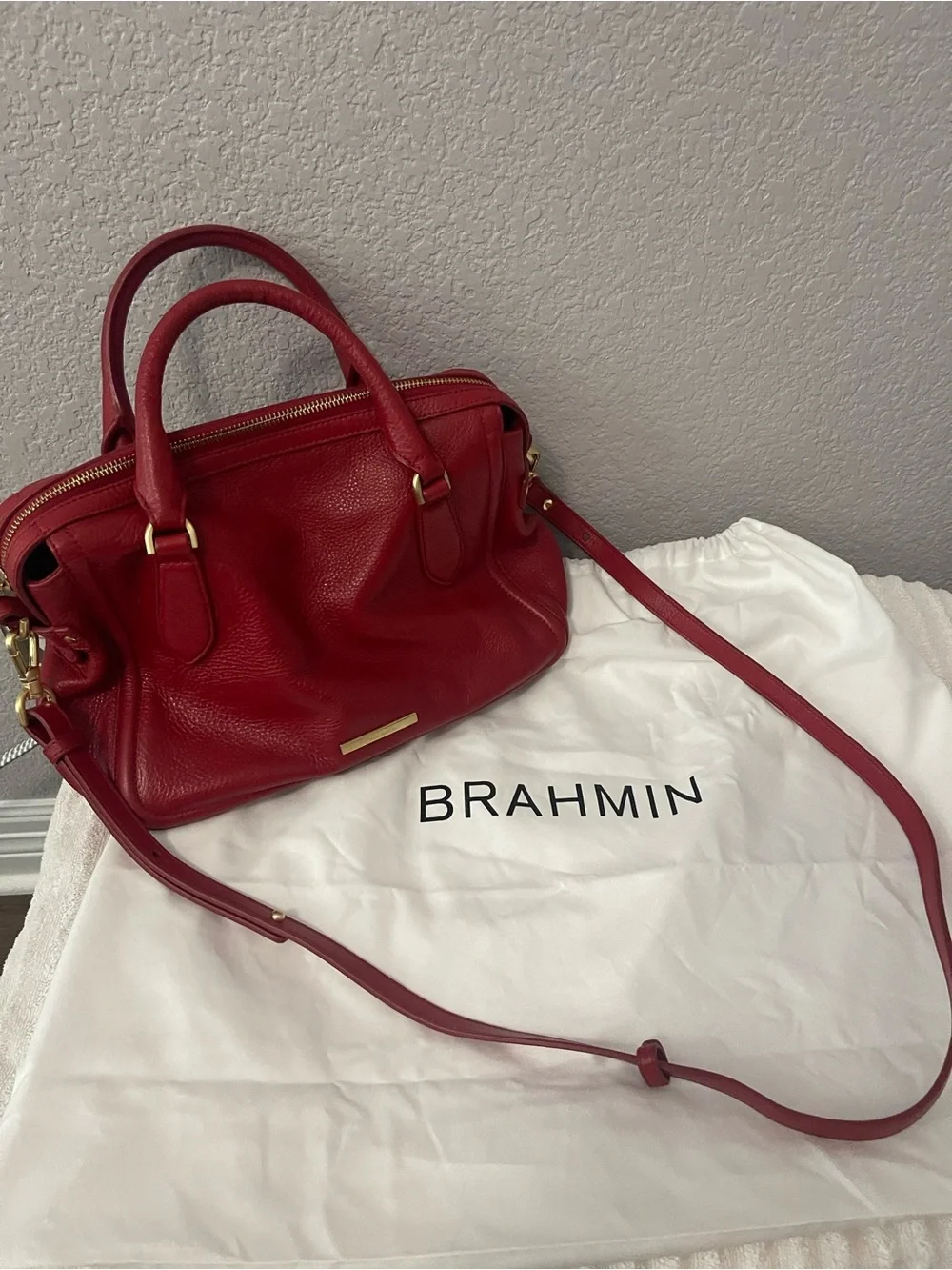 Brahmin Micaela Satchel - Red Leather Top-Handle Satchel with Gold Hardwate